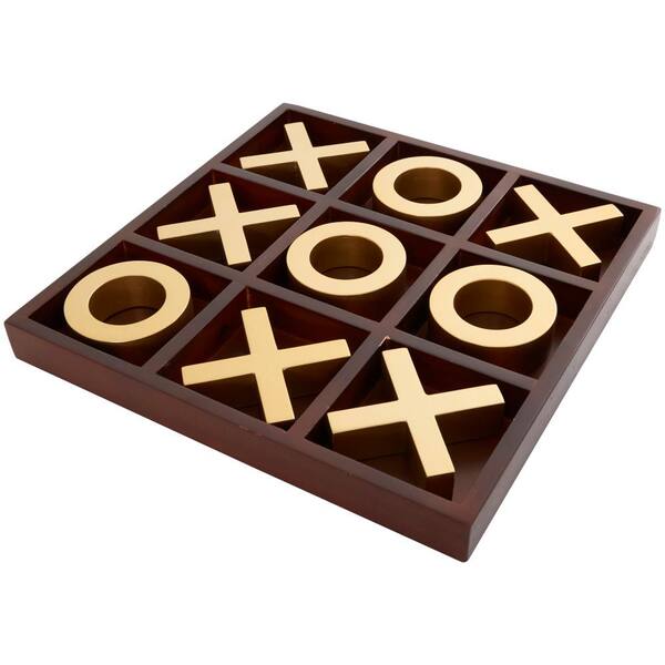 Litton Lane Brown Wood Tic Tac Toe Game Set with Gold X and O Pieces