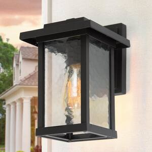 1-Light Black Modern Farmhouse Outdoor Wall Lantern Sconce with Water Glass Shade
