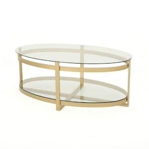 Plumeria 44 in. Clear/Brass Large Oval Tempered Glass Coffee Table with Iron Frame