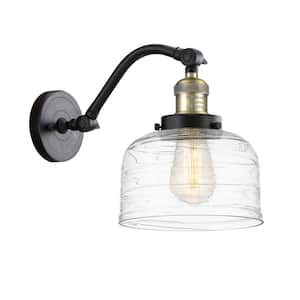Bell 8 in. 1-Light Black Antique Brass Wall Sconce with Clear Deco Swirl Glass Shade