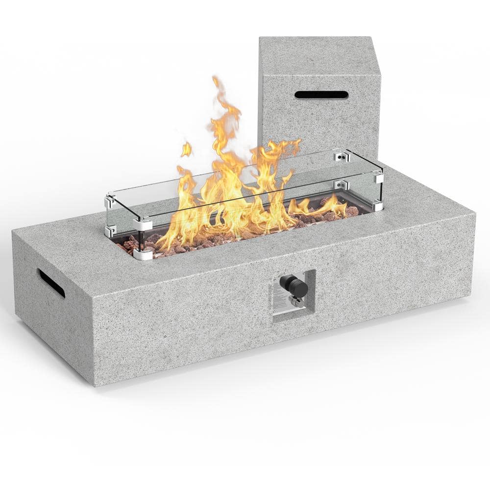 56 in. Grey Outdoor Concrete Firepit Table with Gas Hose, Lava Stones, AA B