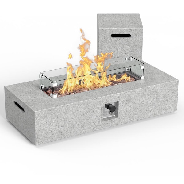 Unbranded 56 in. Grey Outdoor Concrete Firepit Table with Gas Hose, Lava Stones, AA Battery and Cover