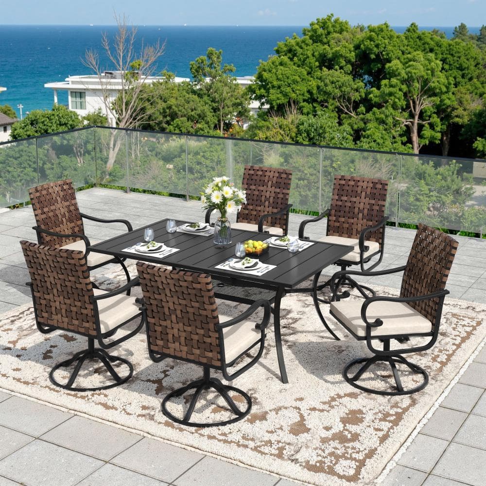 7-Piece Metal Outdoor Dining Set with 6 Swivel Wicker Chairs, Beige Cushions and 59.2 in. Rectangular Black Table price history on PriceWatchPro