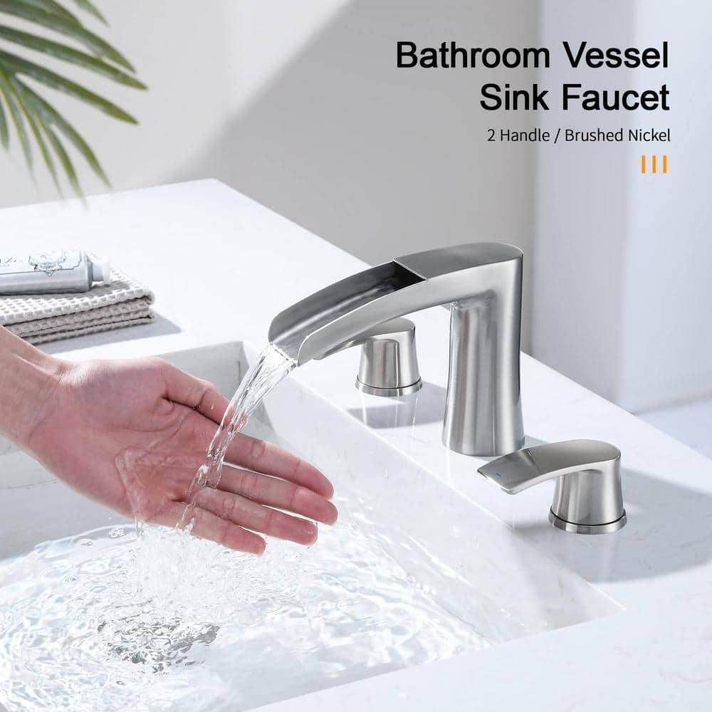 Brushed Nickel Double Handle Waterfall Bathroom Faucet Set