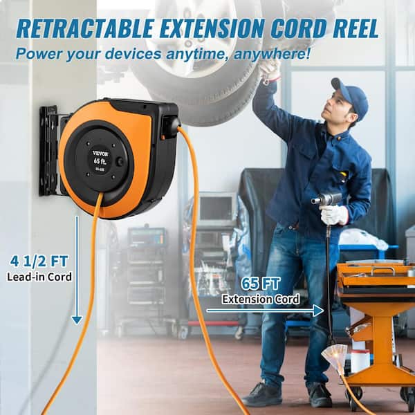ReelWorks Extension Cord Reel Retractable 12AWG x 65' Foot 3C/SJT Heavy  Duty Commercial Cable Triple
