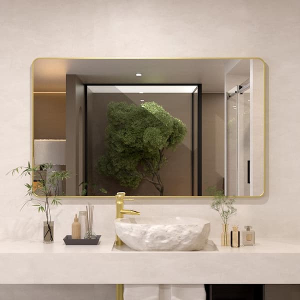 JimsMaison 60 in. W x 36 in. H Rectangular Aluminum Framed Wall Bathroom Vanity Mirror in Brushed Gold