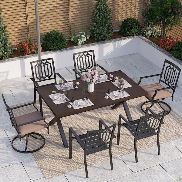 PHI VILLA Black 7-Piece Metal Patio Outdoor Dining Set with Wood-Look ...