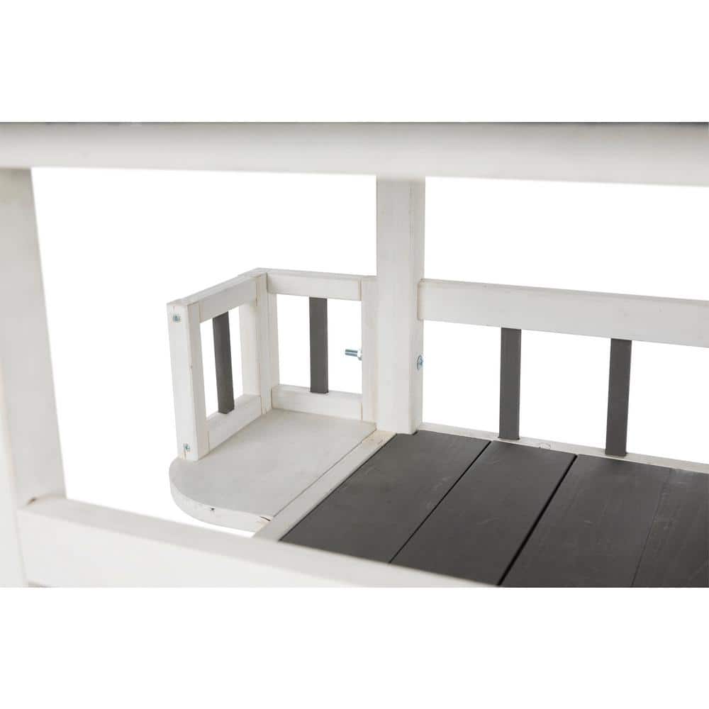 Gray and White Fir Wood Outdoor Cat House with Balcony