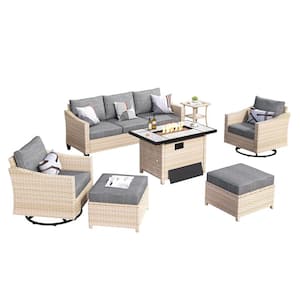 Athenie Biege 7-Piece Wicker Patio Rectangle Fire Pit Conversation Set with Dark Gray Cushions and Swivel Chairs