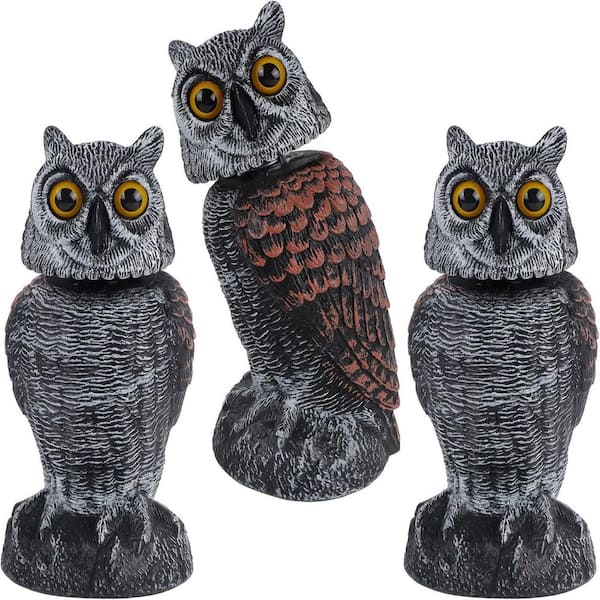 3-Pack Fake Owl Decoys for Scare Away Birds, Swivel Head Bird Repellent, Natural Enemy Scarecrow Plastic Statue