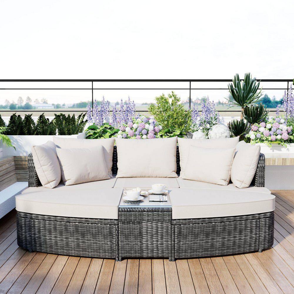 6-Piece Patio Wicker Outdoor Sectional Set with Gray Frame and Beige Cushions