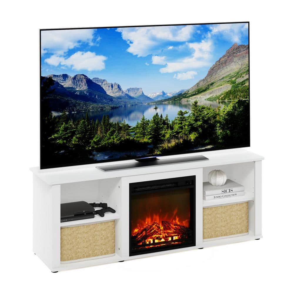 Solid White 60 Inch TV Stand with Electric Fireplace