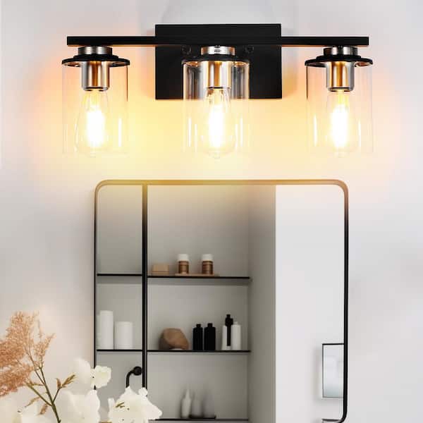 YANSUN 18.5 in. 3 Light Black and Brushed Nickel Vanity Light with Clear Glass Shade for Bathroom H WL103 The Home Depot