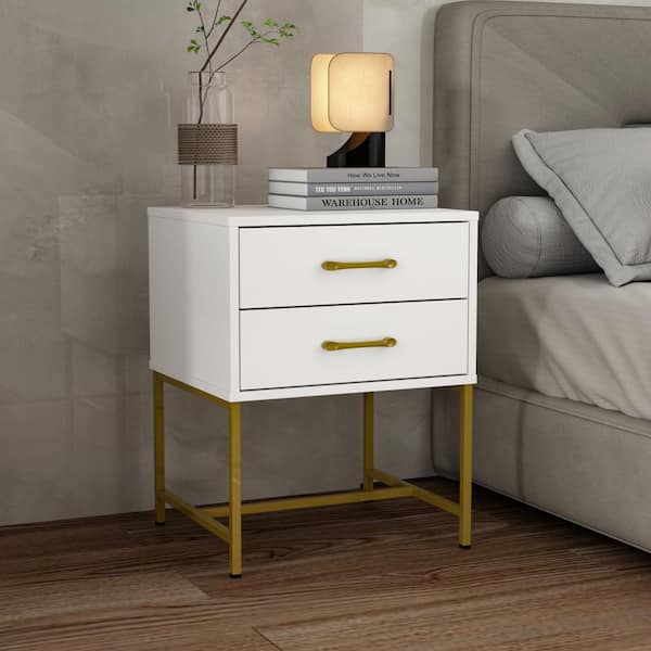 FUFU&GAGA 2-Drawer White Wood Nightstand With Metal Legs, Side Table Bedside Table 22.8"H x 17.7"W x 15.7"D