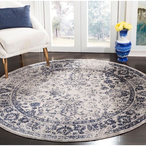 Adirondack Gray/Navy 3 ft. x 3 ft. Border Distressed Round Area Rug