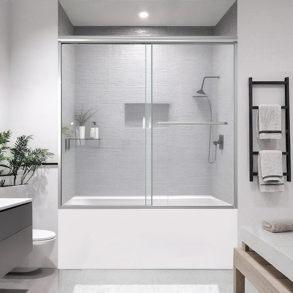 iBath 55-60 in. W x 56 in. H Sliding Semi Frameless Tub Door in Chrome Finish with Clear Glass
