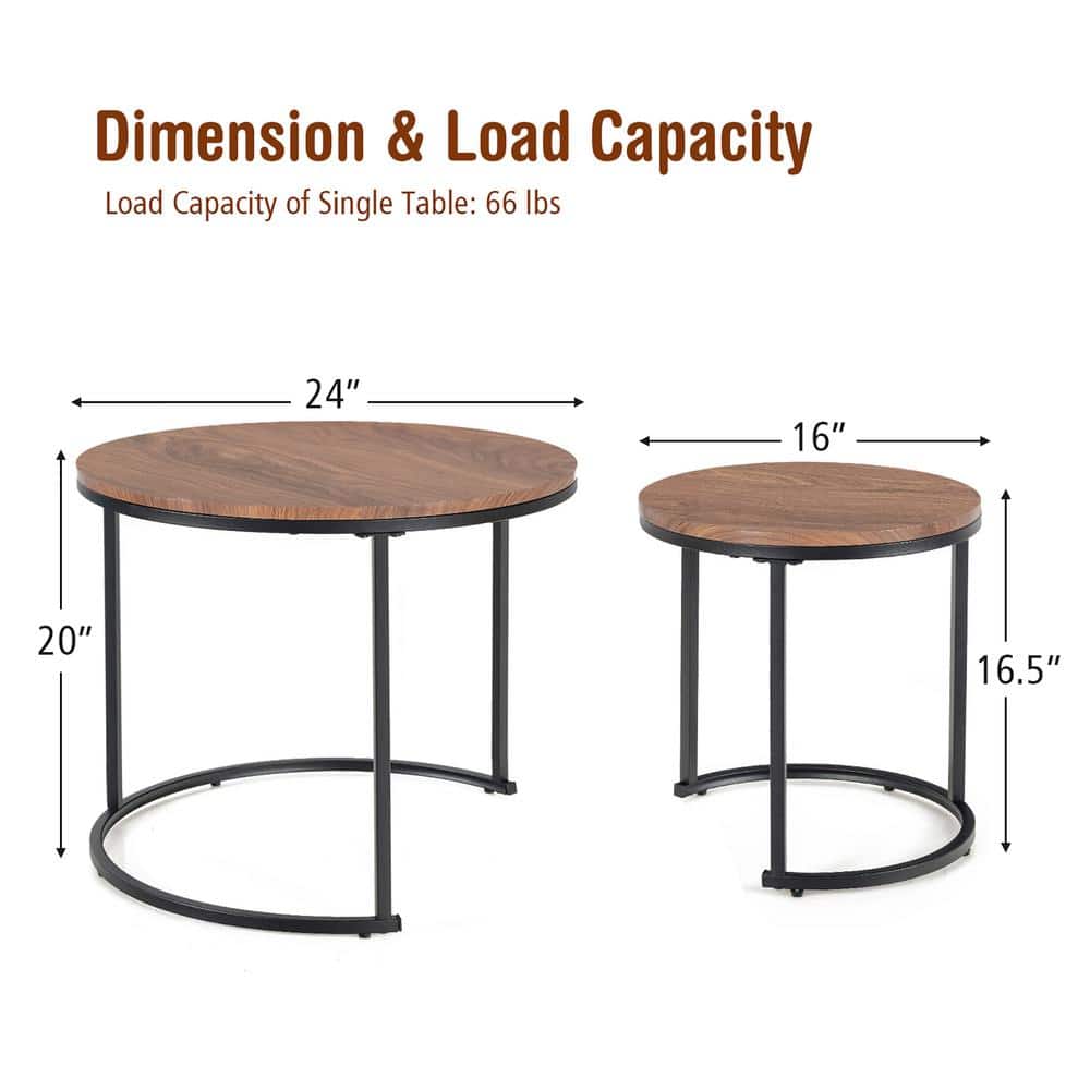 Vintage Walnut Round Nesting Coffee Table Set with Steel Frame