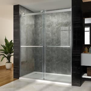 64 in. W x 76 in. H Sliding Frameless Shower Door Brushed Nickel Finish with 3/8 in.  Clear Glass, No Need Wall Groove