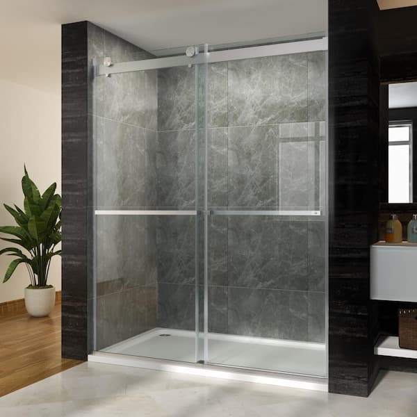 ANGELES HOME 64 in. W x 76 in. H Sliding Frameless Shower Door Brushed Nickel Finish with 3/8 in.  Clear Glass, No Need Wall Groove