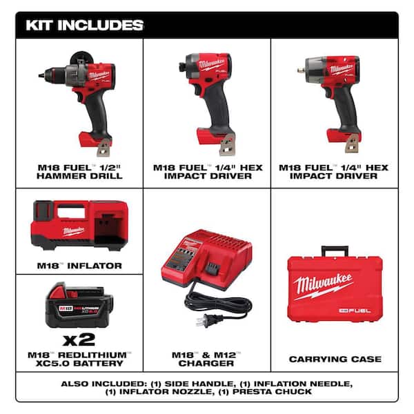 M18 FUEL 18V Lith-Ion Cordless Hammer Drill & Impact Driver Combo Kit (4-Tool) w/ 2 Batteries, Impact Wrench, & Inflator