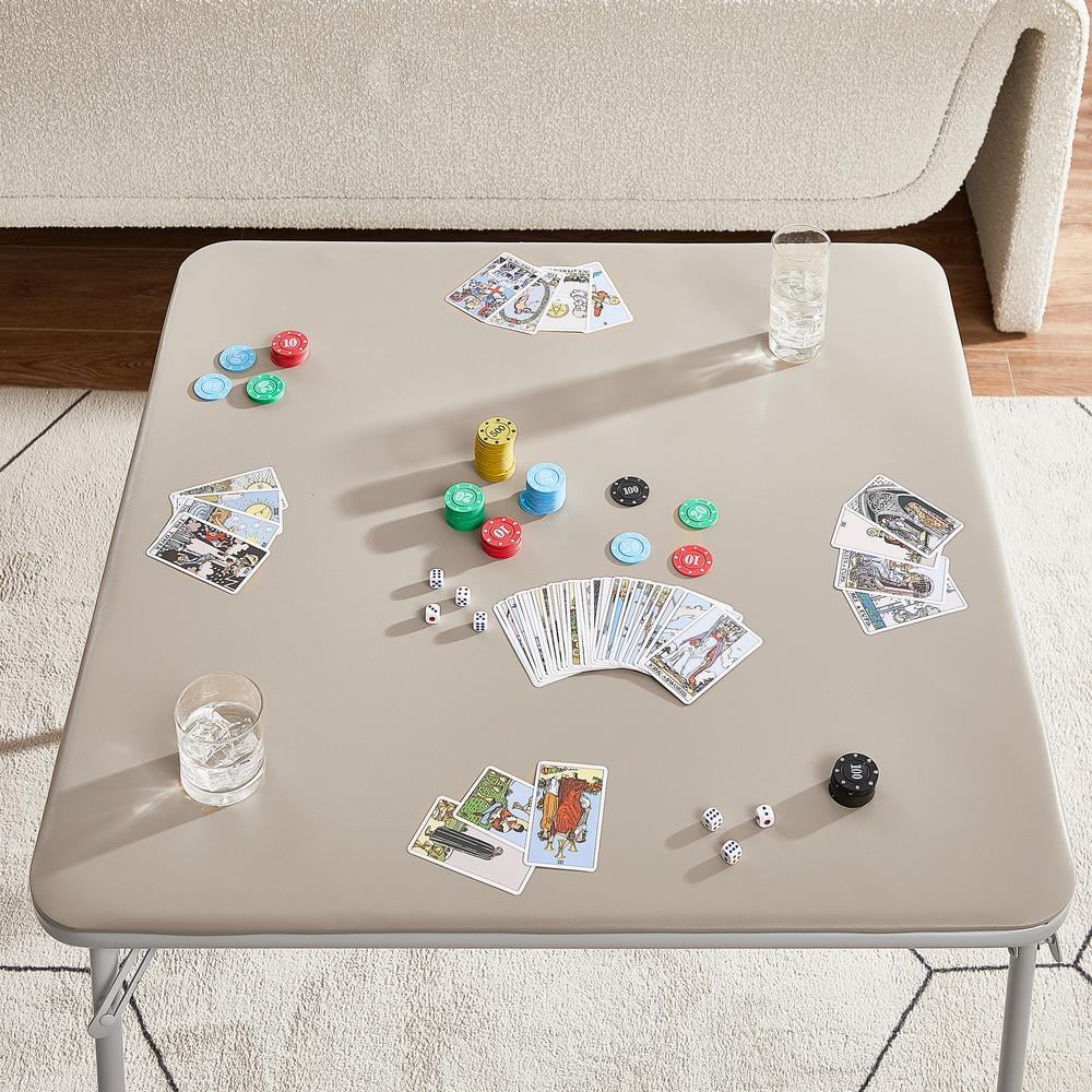 Beige Metal Square Folding Card Table with Collapsible Legs