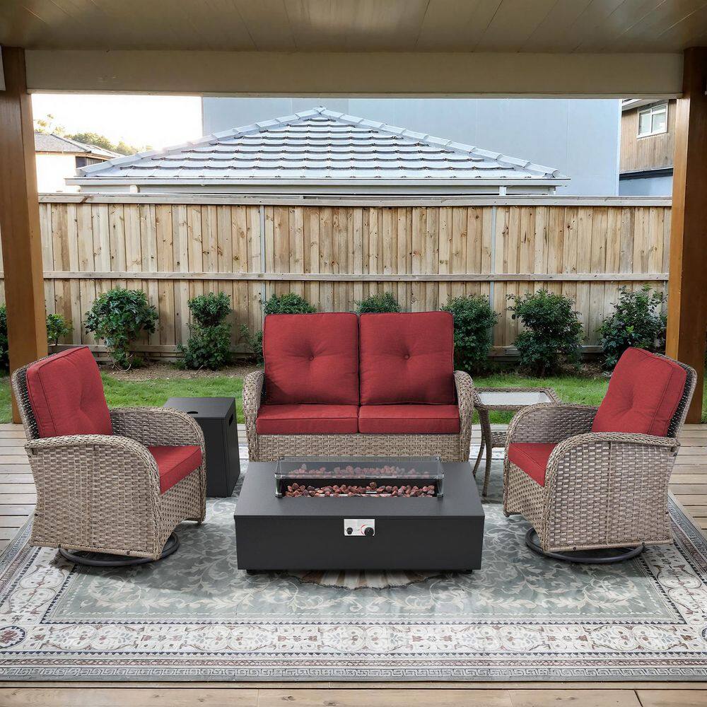 Gray 5-Piece Wicker Patio Fire Pit Set, Loveseat Glider Seating Set with Olefin Red Cushions and Swivel Gliders price history on PriceWatchPro
