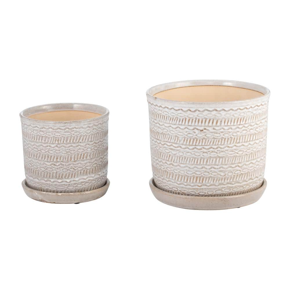 Ivory Beige Ceramic Tribal Planter Set with Saucers