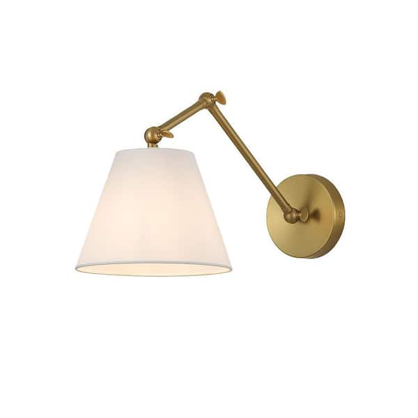Aven 9.1 in. 1-Light Brushed Gold Boho Wall Sconce with Cone Fabric Shade and Adjustable Arm