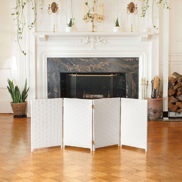Oriental Furniture 2 ft. Short Woven Fiber Folding Screen - 4 Panel - White