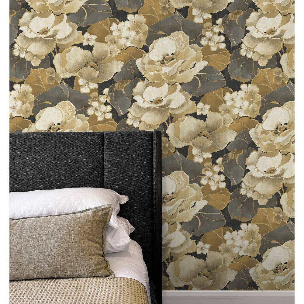 Ebony and Antique Gold Floral Peel and Stick Wallpaper