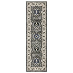 Hunter Blue/Ivory 2 ft. x 8 ft. Bordered Floral Oriental Polyester Fringe-Edge Indoor Runner Area Rug