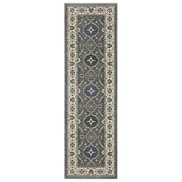 AVERLEY HOME Hunter Blue/Ivory 2 ft. x 8 ft. Bordered Floral Oriental Polyester Fringe-Edge Indoor Runner Area Rug