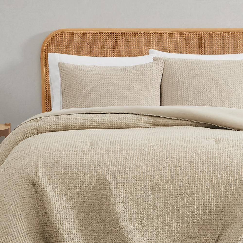 Beige Twin XL Organic Microfiber Waffle Weave Comforter Set