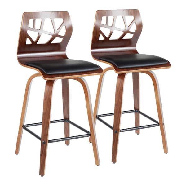 Lumisource Folia 26 in. Walnut Wood and Black Faux Leather Counter Stool (Set of 2)