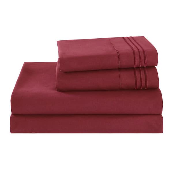 S4PCS 4-Pieces Embroidery Burgundy Polyester Full Size Cooling Bed Sheets Set