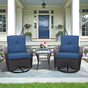 3-Piece Wicker Outdoor Bistro 360-Degree Swivel Rocker Chairs Patio Conversation Set with Navy Cushions and Side Table