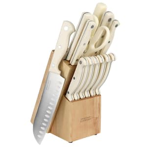 14 Piece Stainless Steel Cutlery and Wood Block Set in Linen