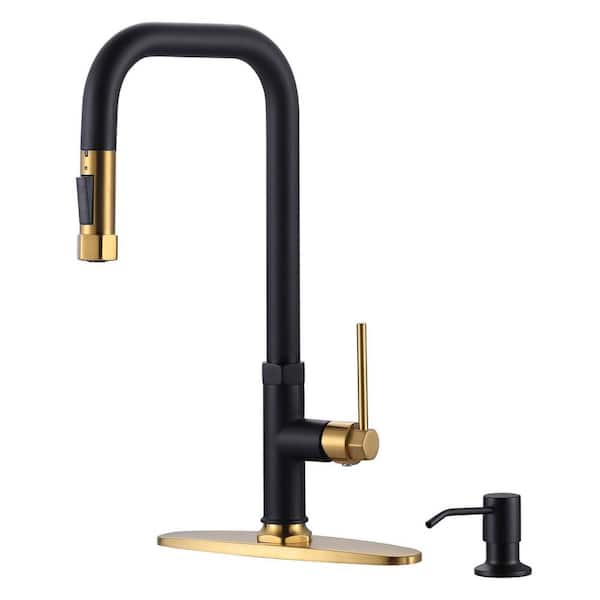 ARCORA Black and Gold Single Handle Pull Out Sprayer Kitchen Faucet Deckplate Included in Stainless