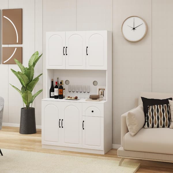 White Kitchen Pantry Storage Cabinet with Microwave Countertop, Doors & Drawer