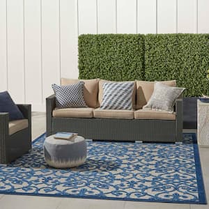 Aloha Gray/Blue 8 ft. x 11 ft. Floral Contemporary Indoor/Outdoor Patio Area Rug