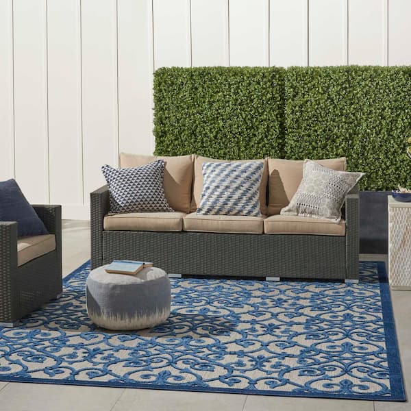 Aloha Gray/Blue 8 ft. x 11 ft. Floral Contemporary Indoor/Outdoor Patio Area Rug