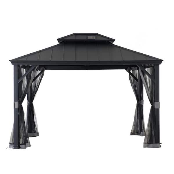 SUMMERCOVE 10 ft. x 12 ft. Hardtop Outdoor Patio Aluminum Frame Gazebo with Solar Panel, Netting and Ceiling Hook