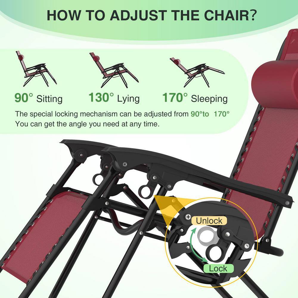 Claret Steel Zero Gravity Reclining Lounge Chair Set with Cup Holder
