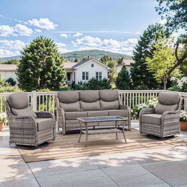 Crescent Gray Swivel Glider Wicker Patio Conversation Set with Gray Olefin 6 in. Thick Cushions/Coffee Table (4-Piece)