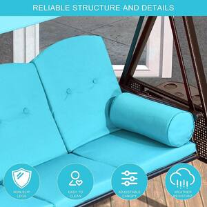 2-Person Steel Metal Patio Swing with Foldable Side Table,Canopy and Cushions, Turquoise Blue