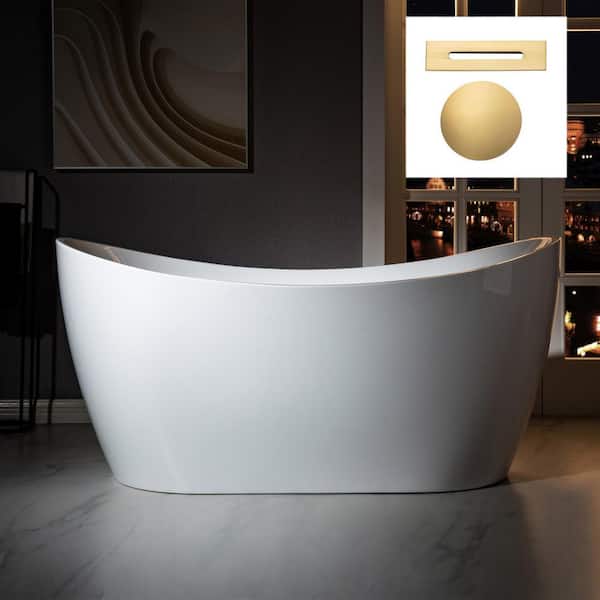 WOODBRIDGE Springston 59 in. Acrylic FlatBottom Double Slipper Bathtub with Brushed Gold Overflow and Drain Included in White