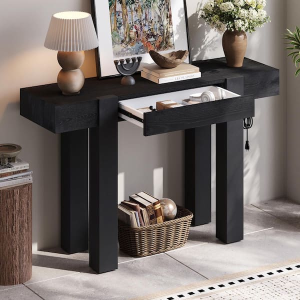 Merrivo Modern Rustic 47.2 in. Black Rectangle MDF Wood Entryway Console Table with Drawer, Side Power Outlet