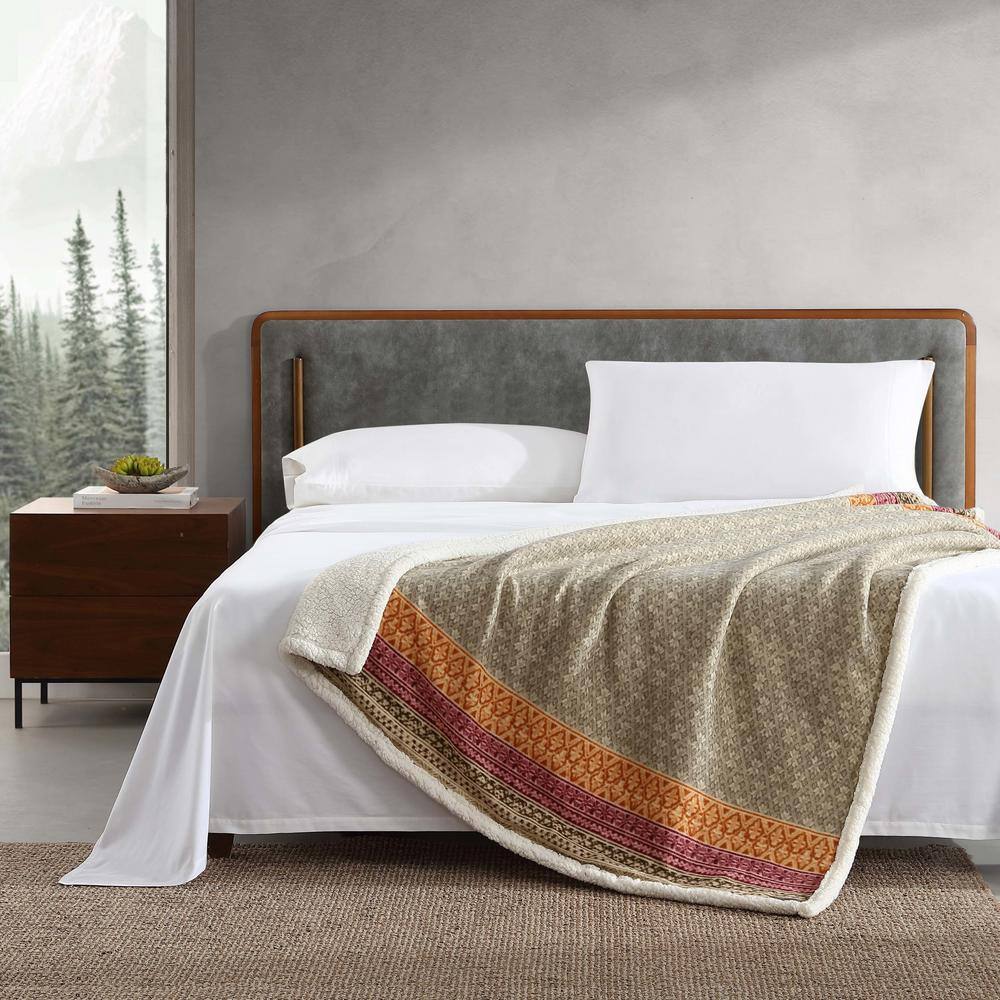 Cozy Sherpa-Fleece Reversible Throw Blanket, 50" x 60", Khaki