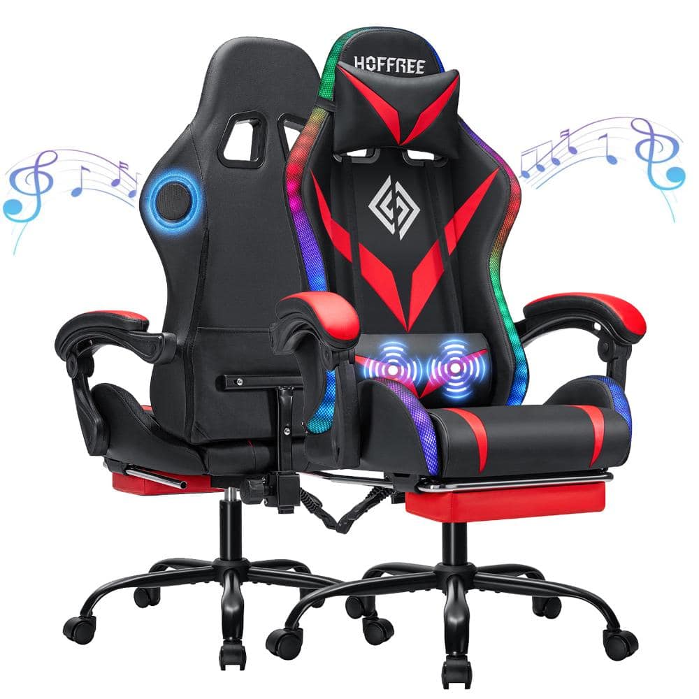 Faux Leather Massage LED Gaming Chair with Bluetooth Speaker in Black and Red with Footrest Headrest Lumbar Support