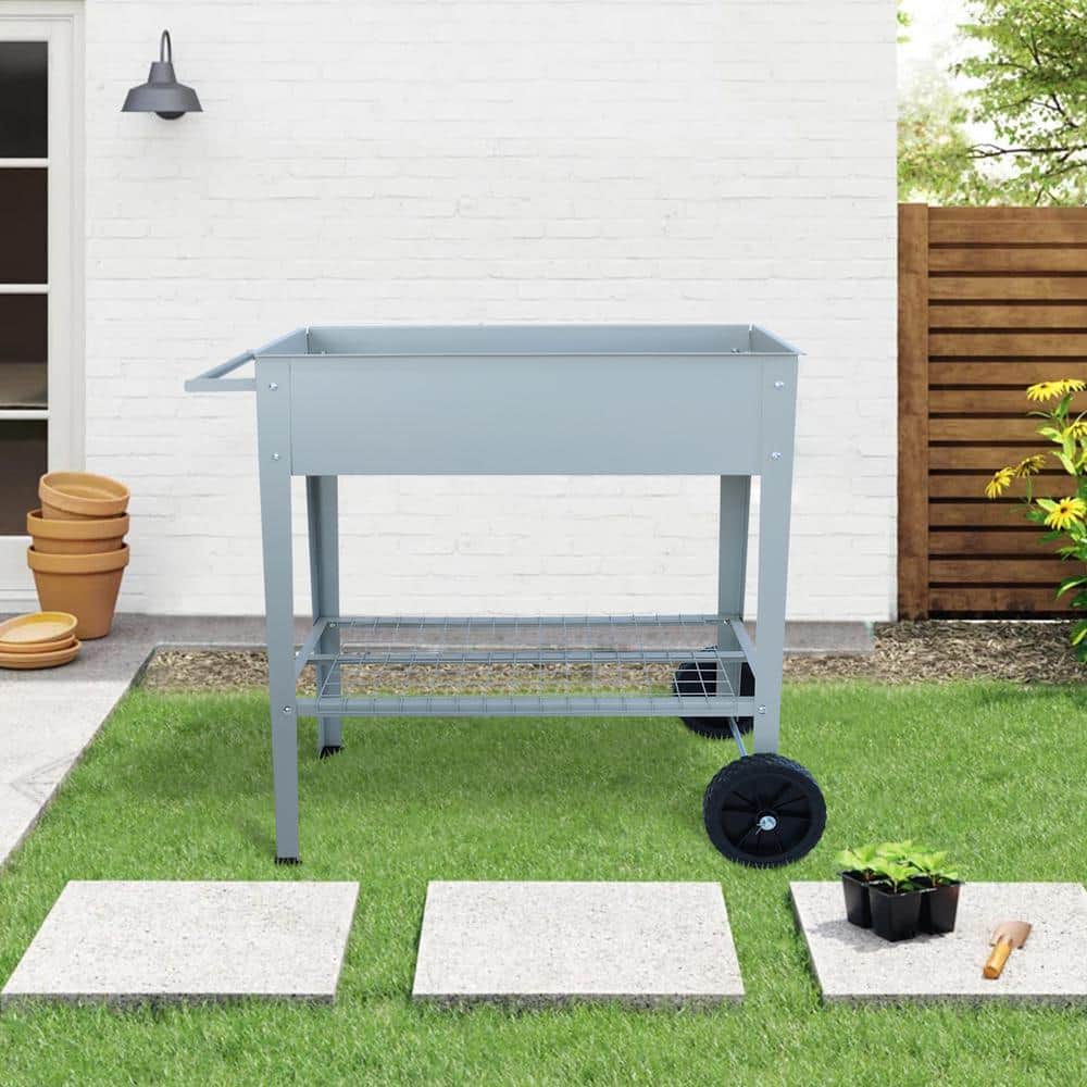 Gray Metal Rectangular Raised Garden Bed Cart with Wheels